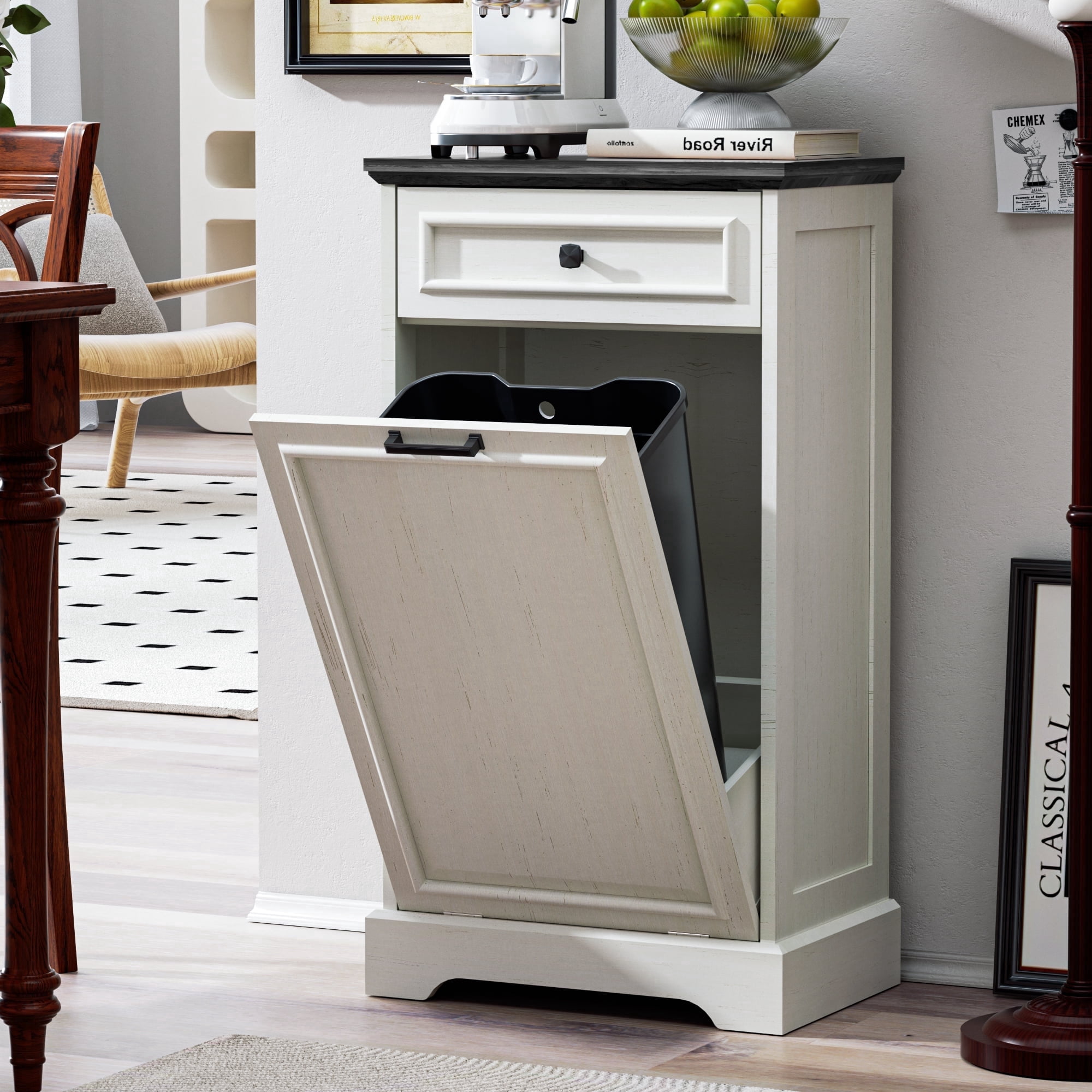 AHB 13 Gallon Single Tilt Out Trash Cabinet, Pet Proof Kitchen Trash Can Storage Organizer, 20.9"L x 13.55"W x 38.5"H, White with Black Top