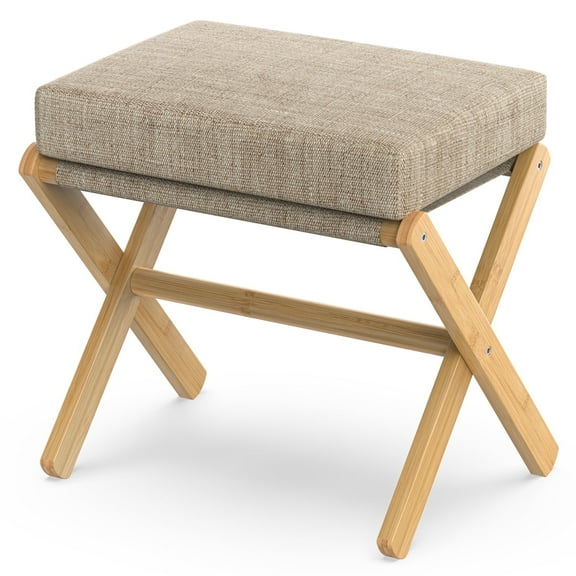 BAMBOOHOMIE Makeup Vanity Stool, Foldable Foot Stool for Vanity with Bamboo X Legs, Ottoman Foot Rest Chair with Small Padded, Modern Vanity Chair for Makeup Room Bedroom Living Room (Brown)