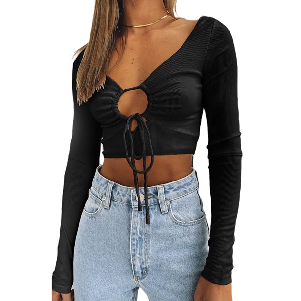 Sunloudy Suéter de color sólido para mujer, blusas cortas sin espalda de manga larga con cuello en V profundo, S / M / L / XL Sunloudy moda