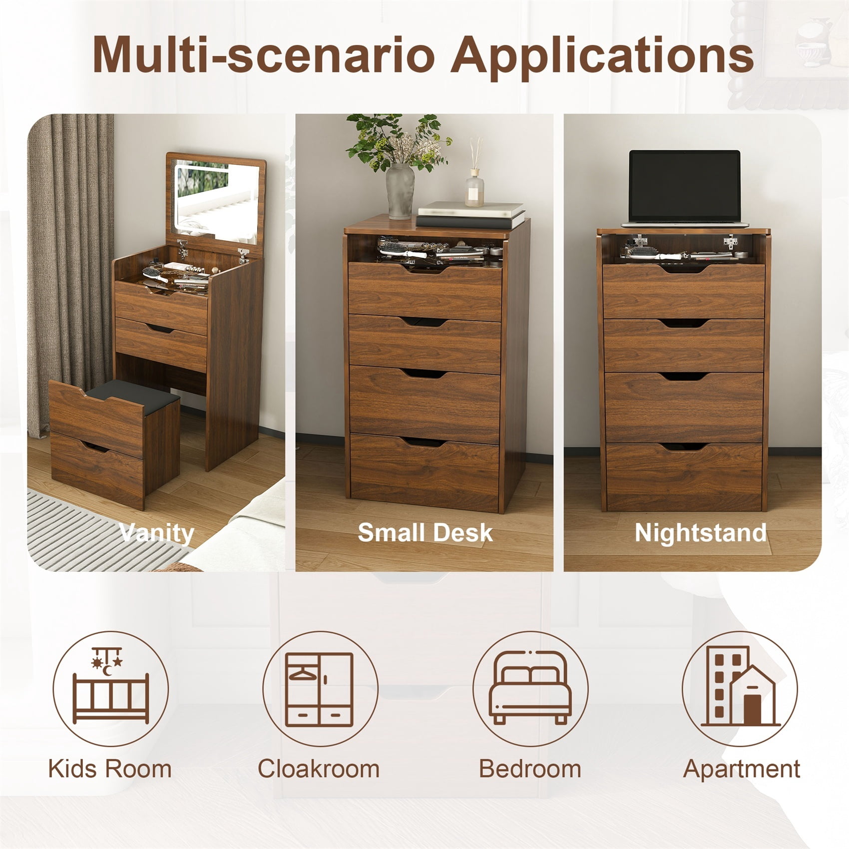 Alvantor Makeup Vanity Set with Mirror and Stool, Compact Storage for Bedroom, Walnut