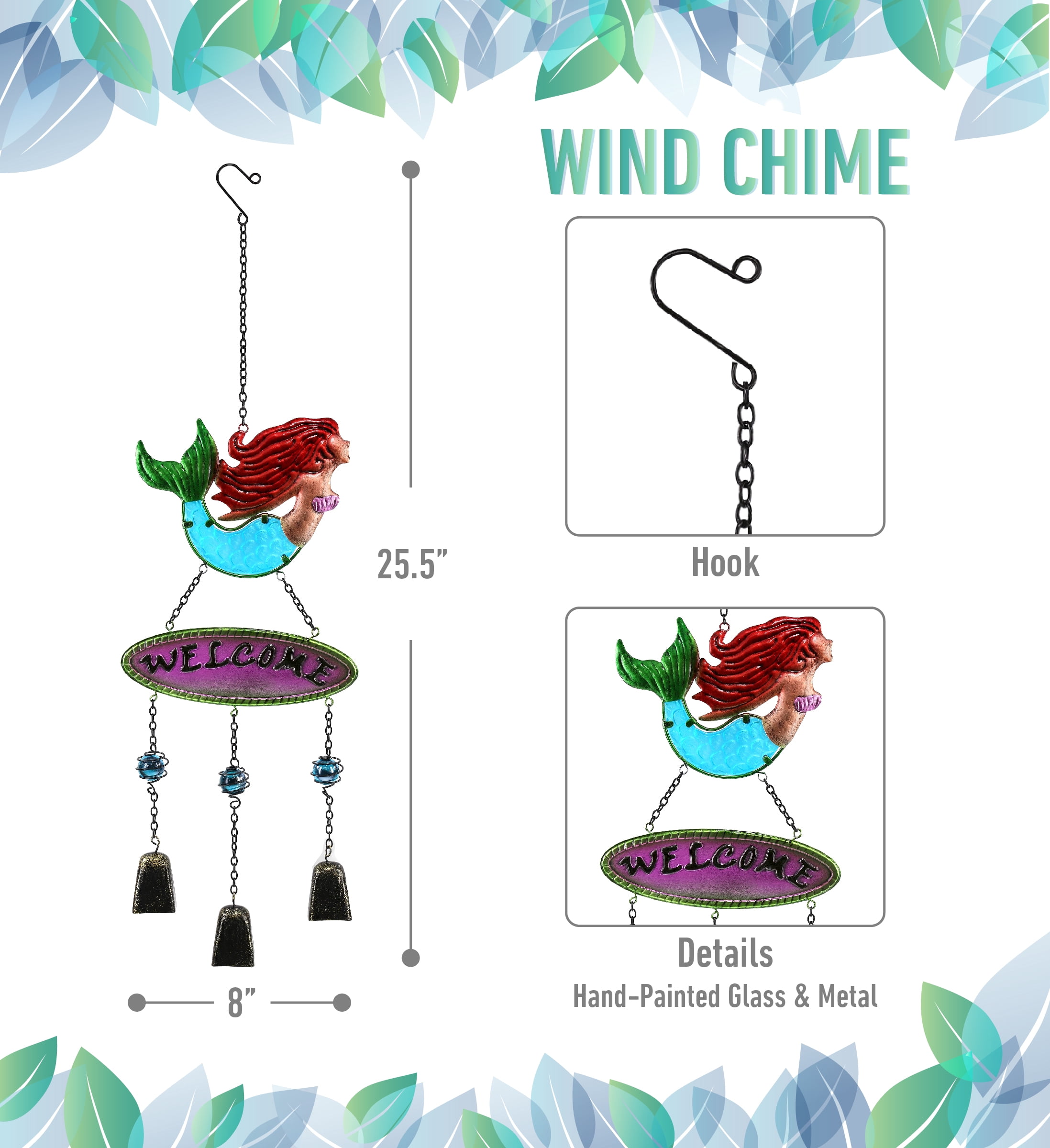 CoTa Global Mermaid Wind Chime - Handmade Glass and Metal Chime - Ocean Life Hanging Decor - Colorful Home Decor Gift, Indoor and Outdoor Hanging Decoration For Porch, Patio, and Garden - 25.5 Inches