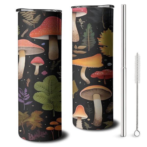 20oz Colorful Mushroom Leaf Black Pattern Skinny Tumblers Stainless Steel Tumbler with Lid and Straw,Vacuum Insulated Double Wall Travel Tumbler Cups with Cleaning Brush for Coffee,Tea