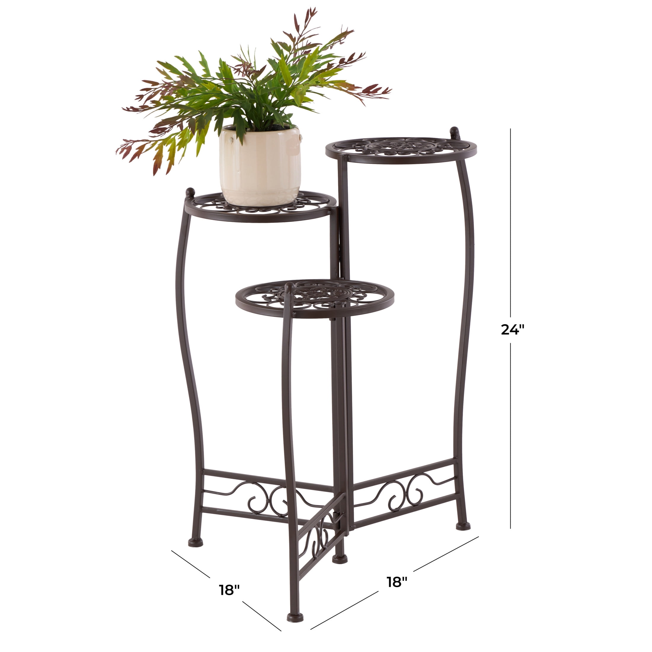 DecMode 24" x 18" x 18" 3 Tier Brown Metal Scroll Plantstand with Scroll Details