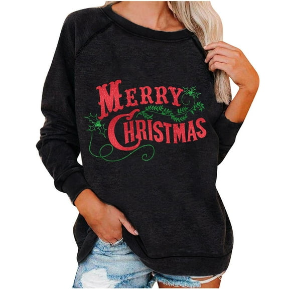 Savings Raglan Sleeve Sweatshirts for Women Merry Christmas Graphic Round Neck Tops Ladies Loose Fit Blouses (S, A Black)