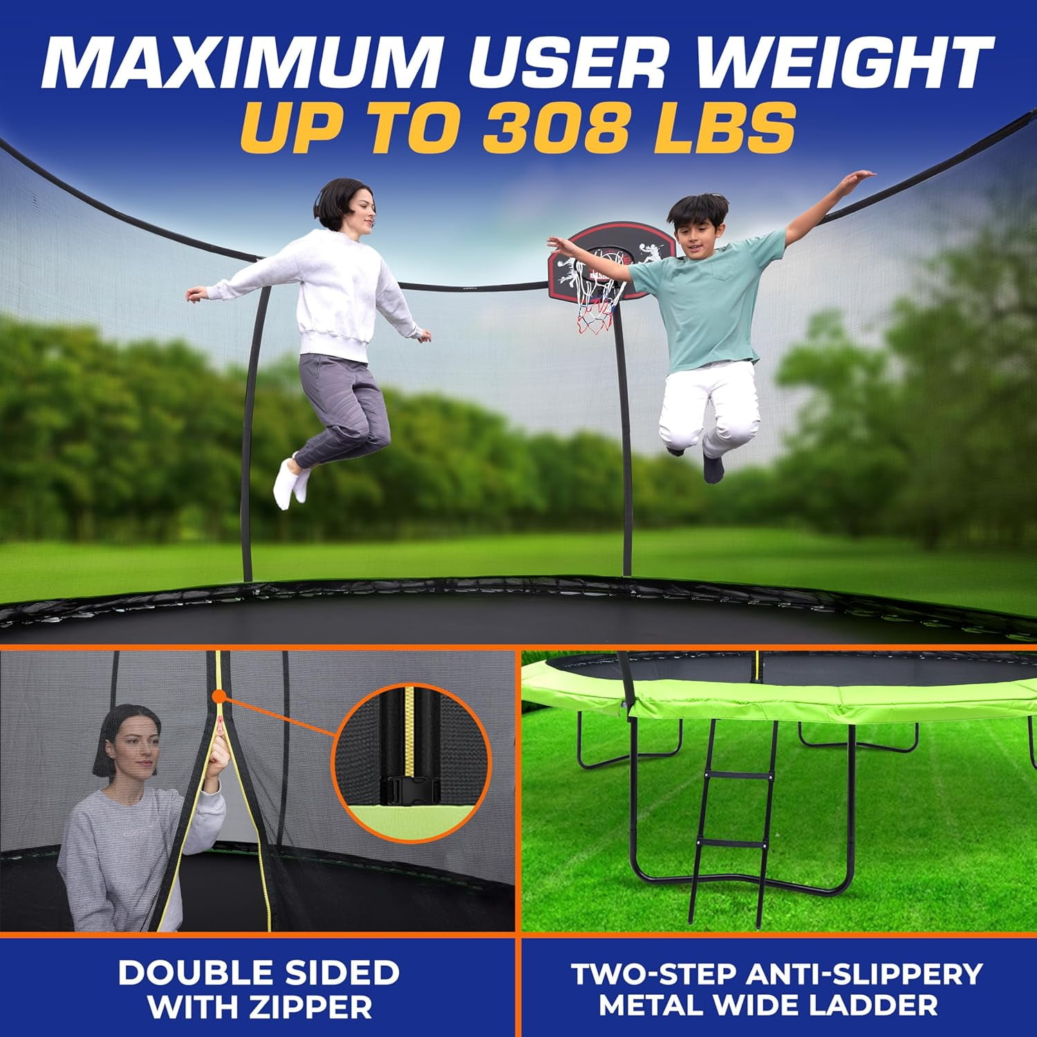 Campior Pumpkin Trampoline with Hoop & Enclosure – Durable, Safe, Waterproof, Backyard Fun - Black 10FT