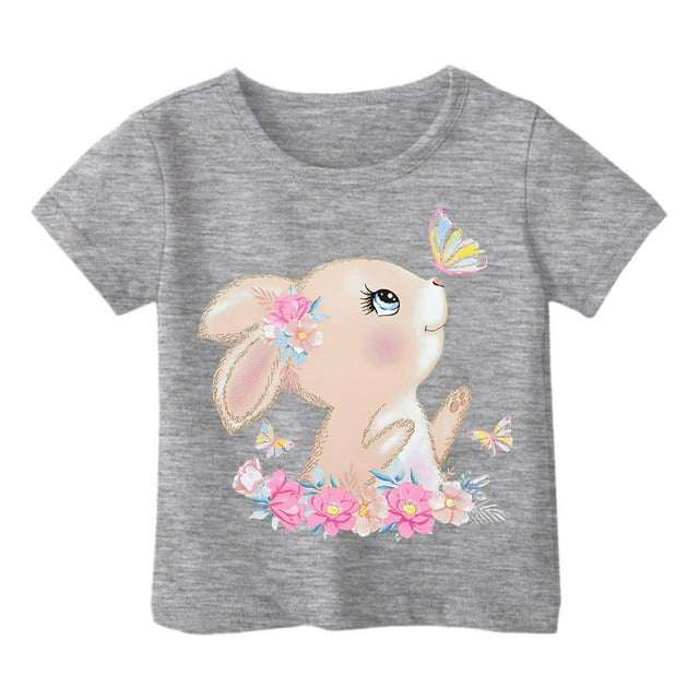 WEIYLL T-Shirts Fille Décontractés Imprimé Lapin Dessin Animé Col Rond Manches Courtes Amples Gris Sorties 3-4 Ans