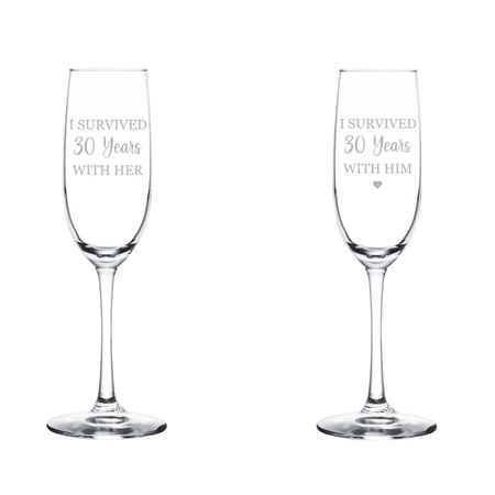 Set of 2 Glass Champagne Flutes Sparkling Wine Glasses Gift I Survived 30 Years 30th Anniversary (8 oz Stemmed)