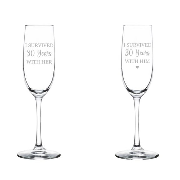 Set of 2 Glass Champagne Flutes Sparkling Wine Glasses Gift I Survived 30 Years 30th Anniversary (8 oz Stemmed)