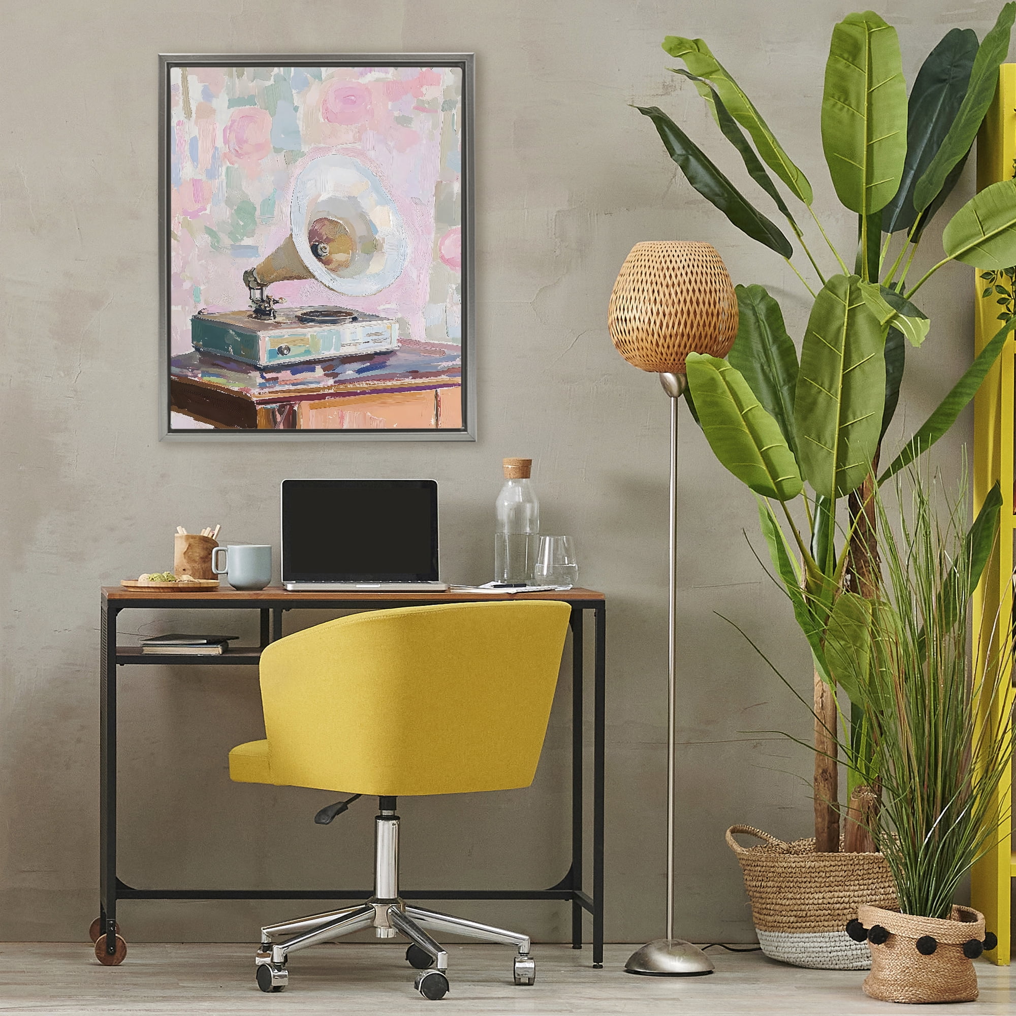 Stupell Industries Vintage Gramophone in Soft Pastels Gray Framed Floater Canvas Wall Art, design by The Prints Vibe