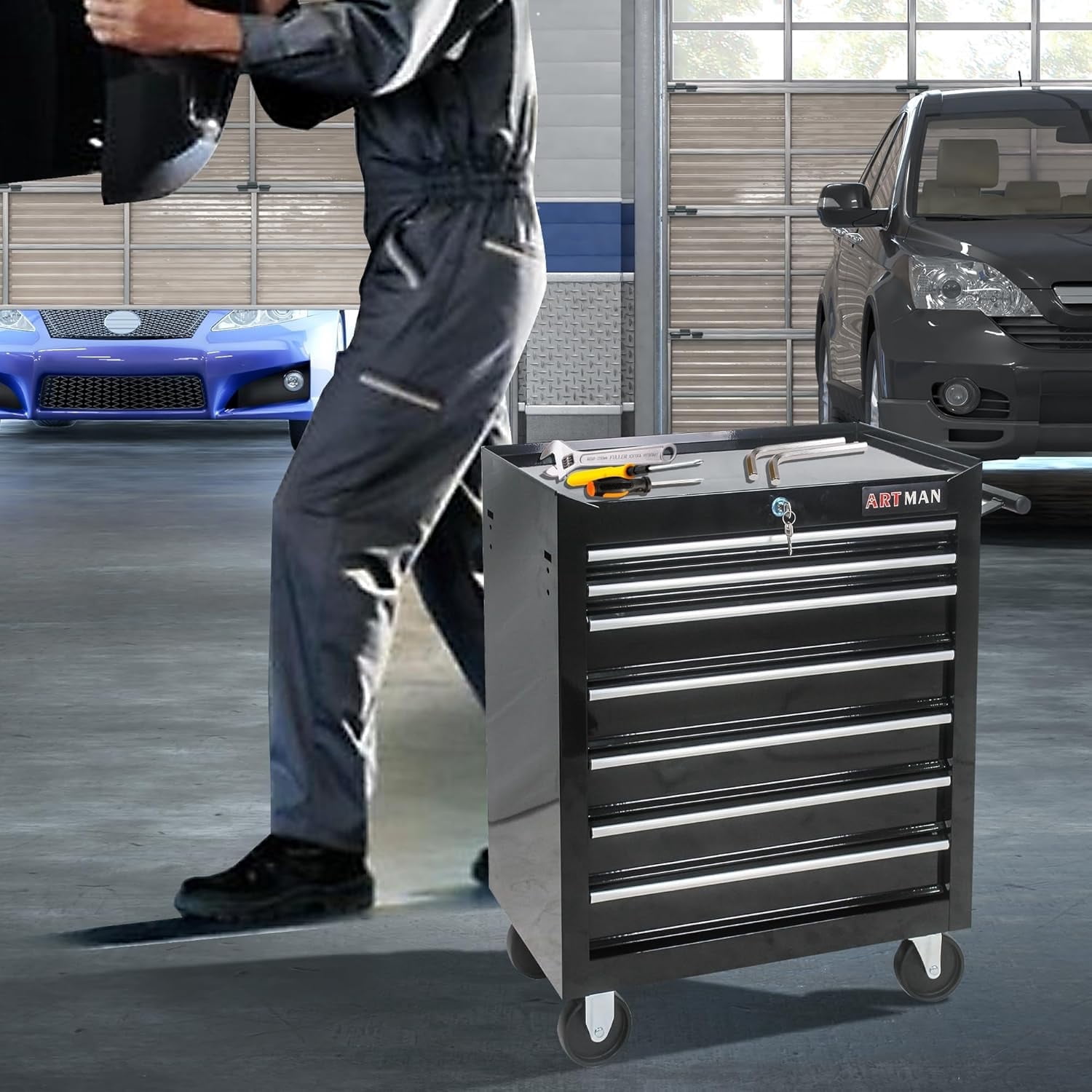POWANLI 7-Drawer Rolling Tool Chest with Wheels Multifunctional Tool Chest Portable Tool Storage Cabinet with Locking System for Garage Workshop Warehouse Repair Shop