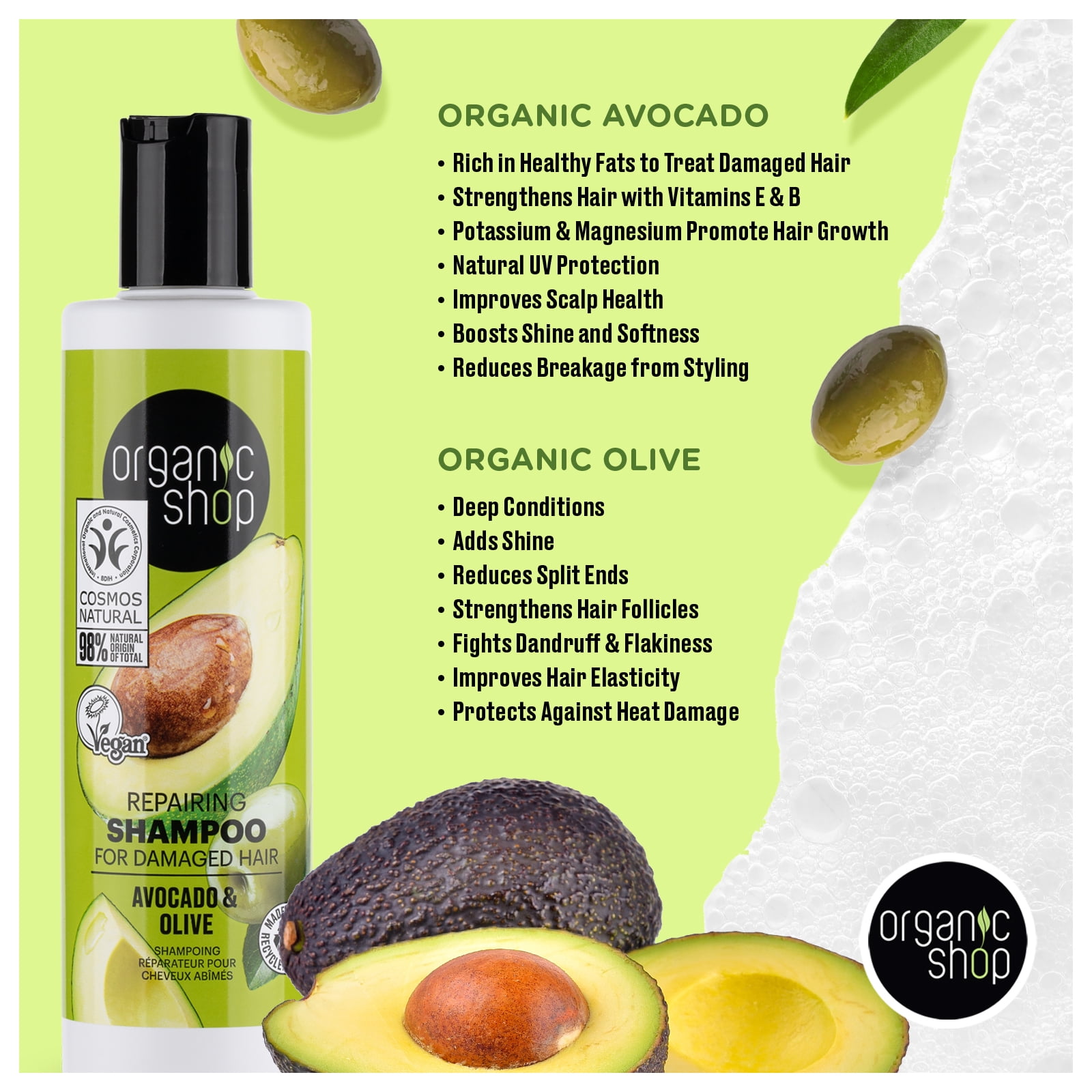 Organic Shop Avocado & Olive – Shampoo + Conditioner + Deep Repairing Hair Mask – Daily Intense Repairing Treatment Set, 100% Vegan & Organic, Rich In Vitamins, Silky Hydration & Nourishing