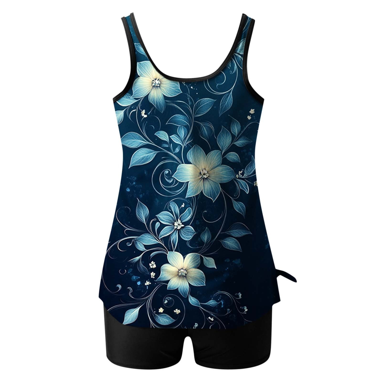 UPPADA Womens Tummy Control Tankini Bathing Suits Cute Floral Print Tankini Swimsuits Two Piece Ruched Swimsuits Sleeveless Swim Tops and Swim Shorts Multicolor Swim Suits for Women,M