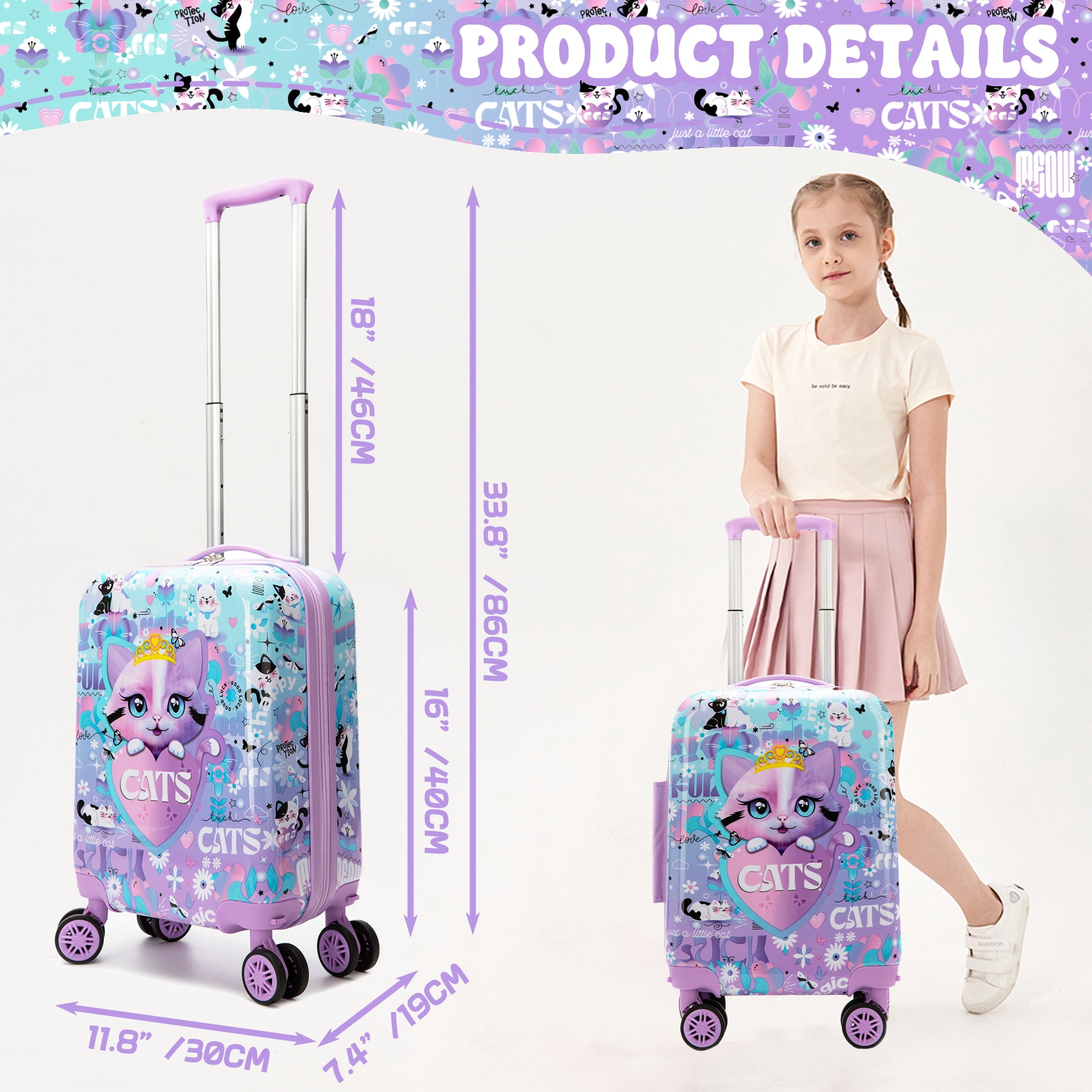 Kids Rolling Luggage Sets for Girls Cute Carry on Suitcases Hardshell with Wheels Airline Approved 16 Inch Suitcase with Travel Pillow