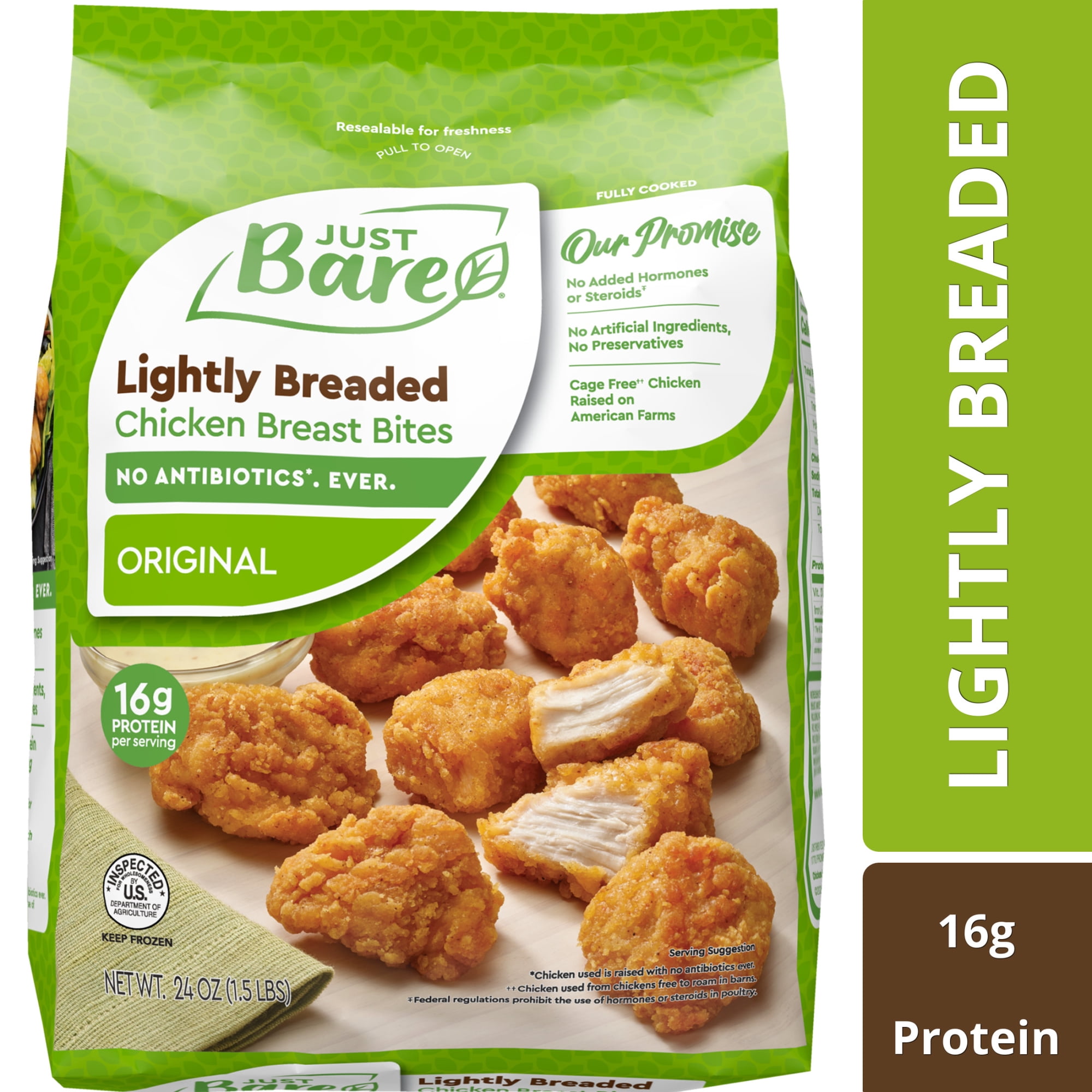 Just Bare Fully Cooked Lightly Breaded Chicken Breast Bites 1.5 lb, 16g of Protein, Serving Size 3 Ounces