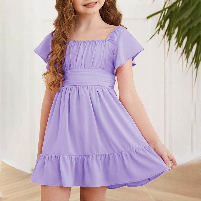 Ruyang Girls Short Sleeve Dress Square Neck Pleated Swing Dresses Teen Kids Solid Summer Elegant Cute Short Smocked Dresses