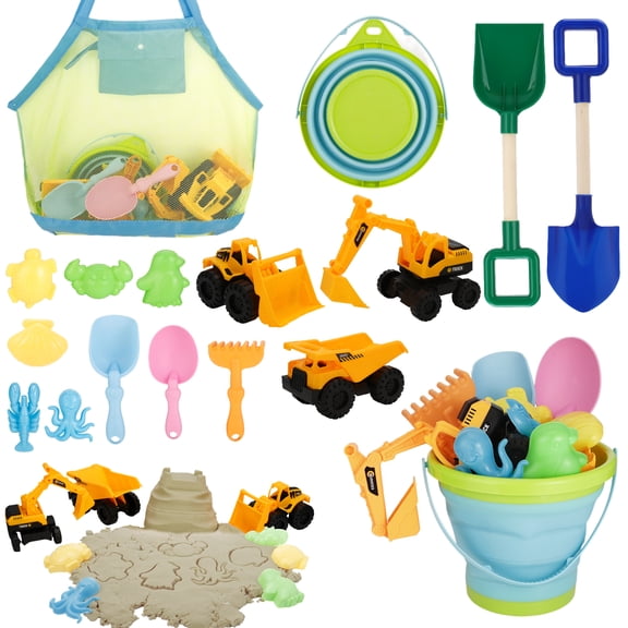 sixwipe Beach Toys, 14 Pcs Sand Toys, Sandbox Toys with 2 Truck 2 Collapsible Beach Bucket, Sand Castle Toys Kit, Animal Dinosaur Molds, Shovel Set, Mesh Bag, Travel Toys for Kids Toddlers Boys Girls
