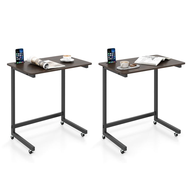 Gymax 2 Pcs Table d'Appoint en Forme de C avec Roues et Fente pour Téléphone Intégrée pour Salon Chambre