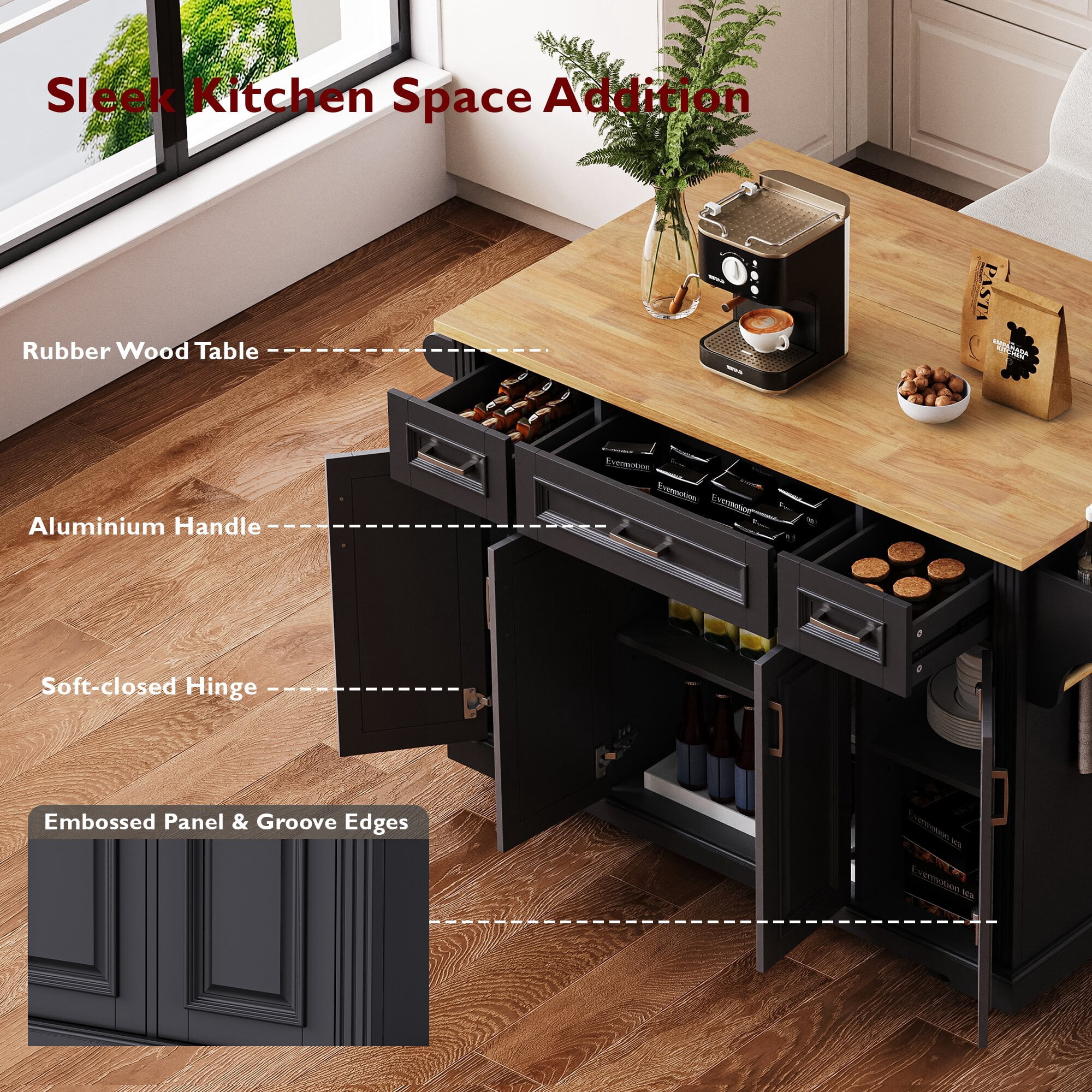 Yoneston 54" Large Kitchen Island with Drop Leaf, Rolling Kitchen Cart with Towel Rack Spice Rack and 4 Doors and 3 Drawers for Kitchen, Dining Room, Black