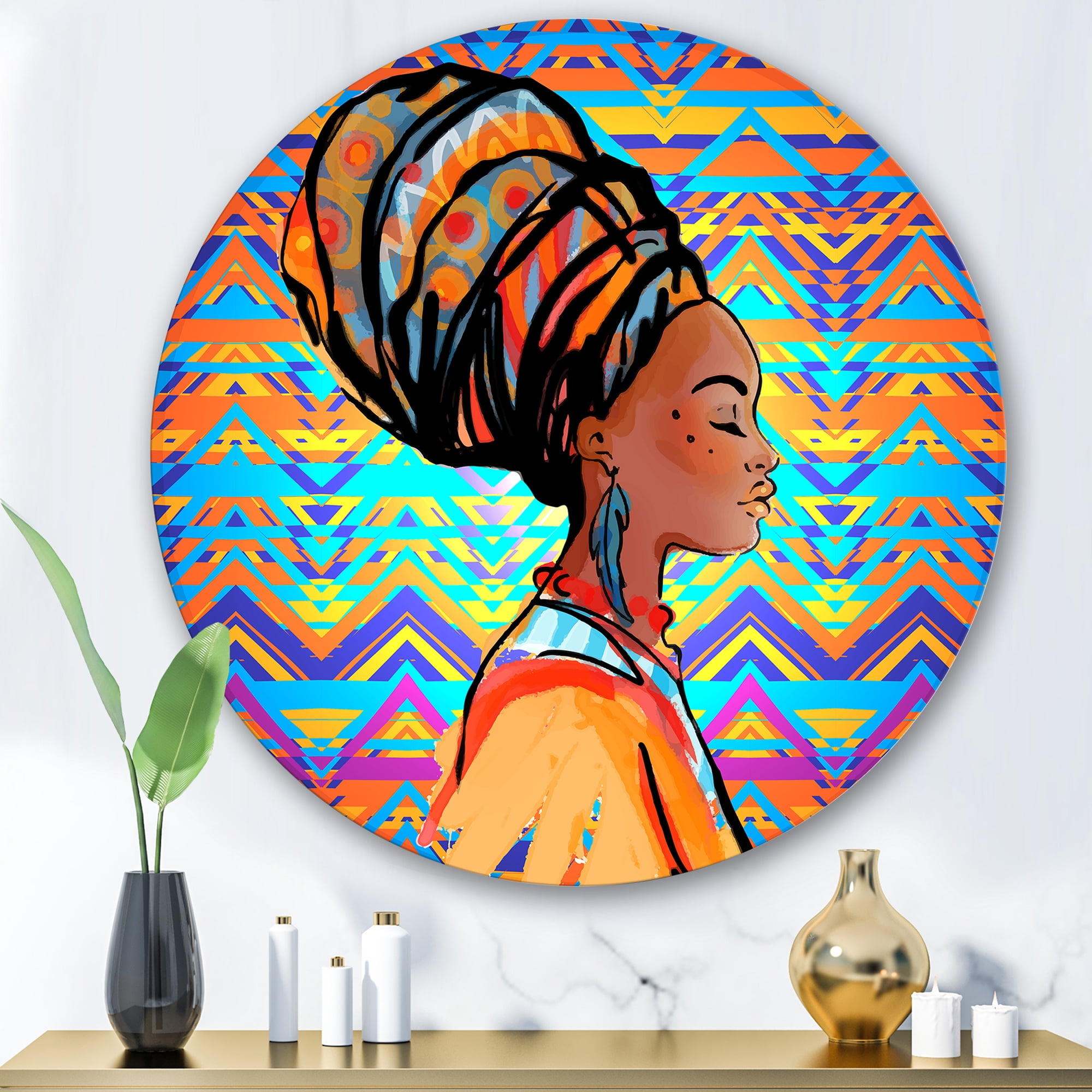 Designart 'African American Woman Portrait with Turban IV' Modern Circle Metal Wall Art 29x29 - Disc of 29