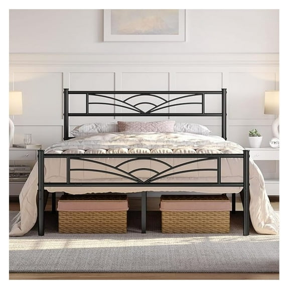 Queen Size Bed Frames Metal Platform Bed Mattress Foundation with Cloud-Inspired Design Headboard/Footboard/Ample Under Bed Storage/No Box Spring Needed/Black
