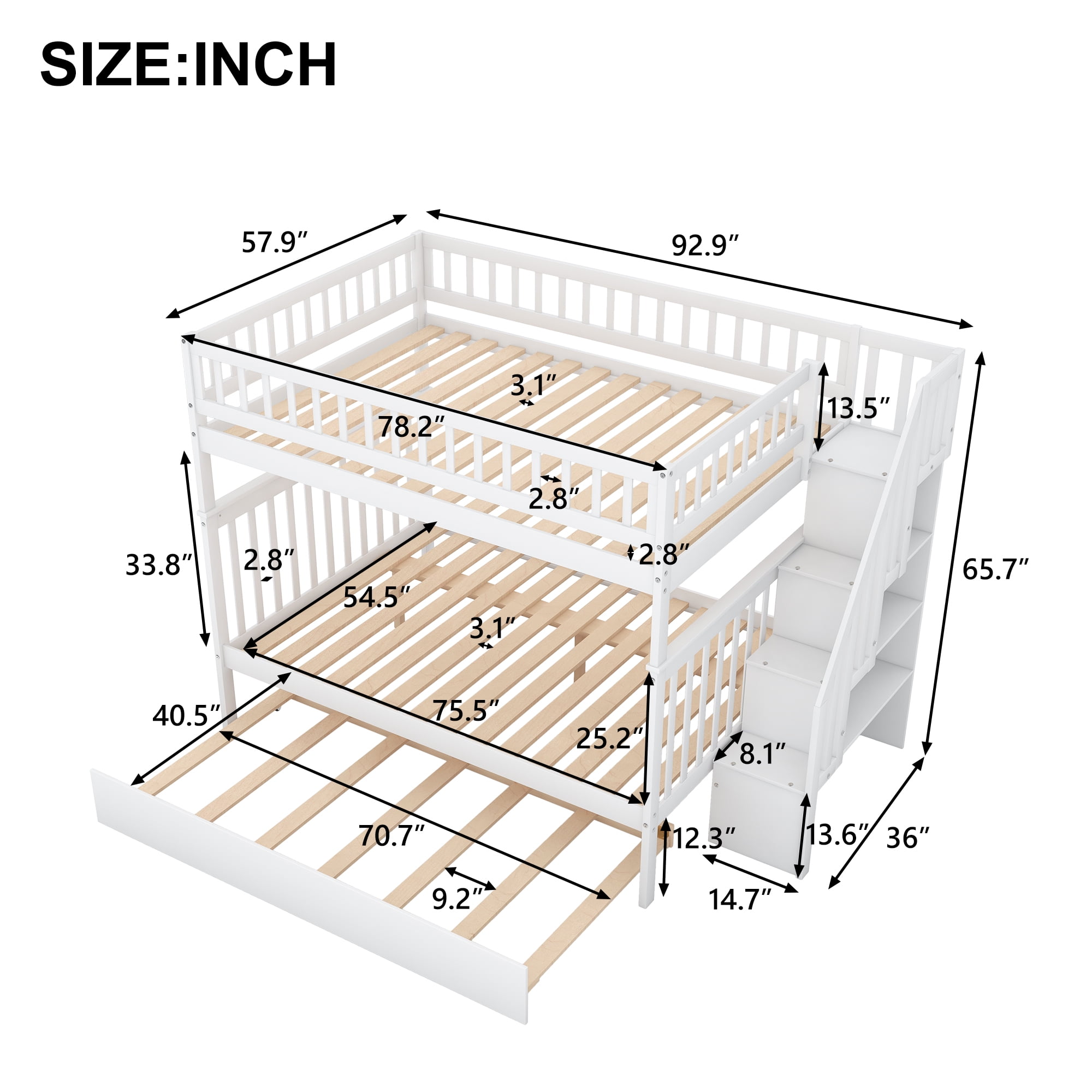 EUROCO Full over Full Bunk Bed with Twin Trundle Bed and