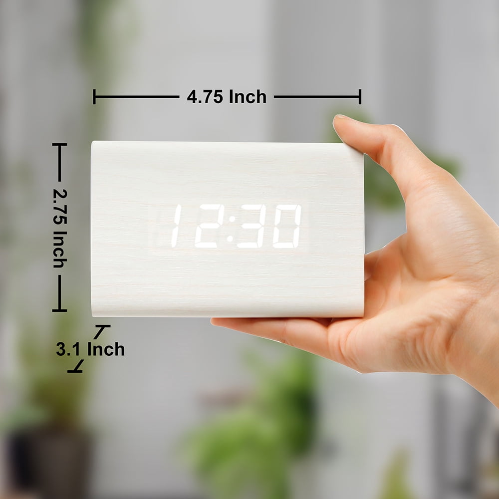 Wooden Wood Clock New LED Alarm Desk Clock Displays Time Date Temperature - White