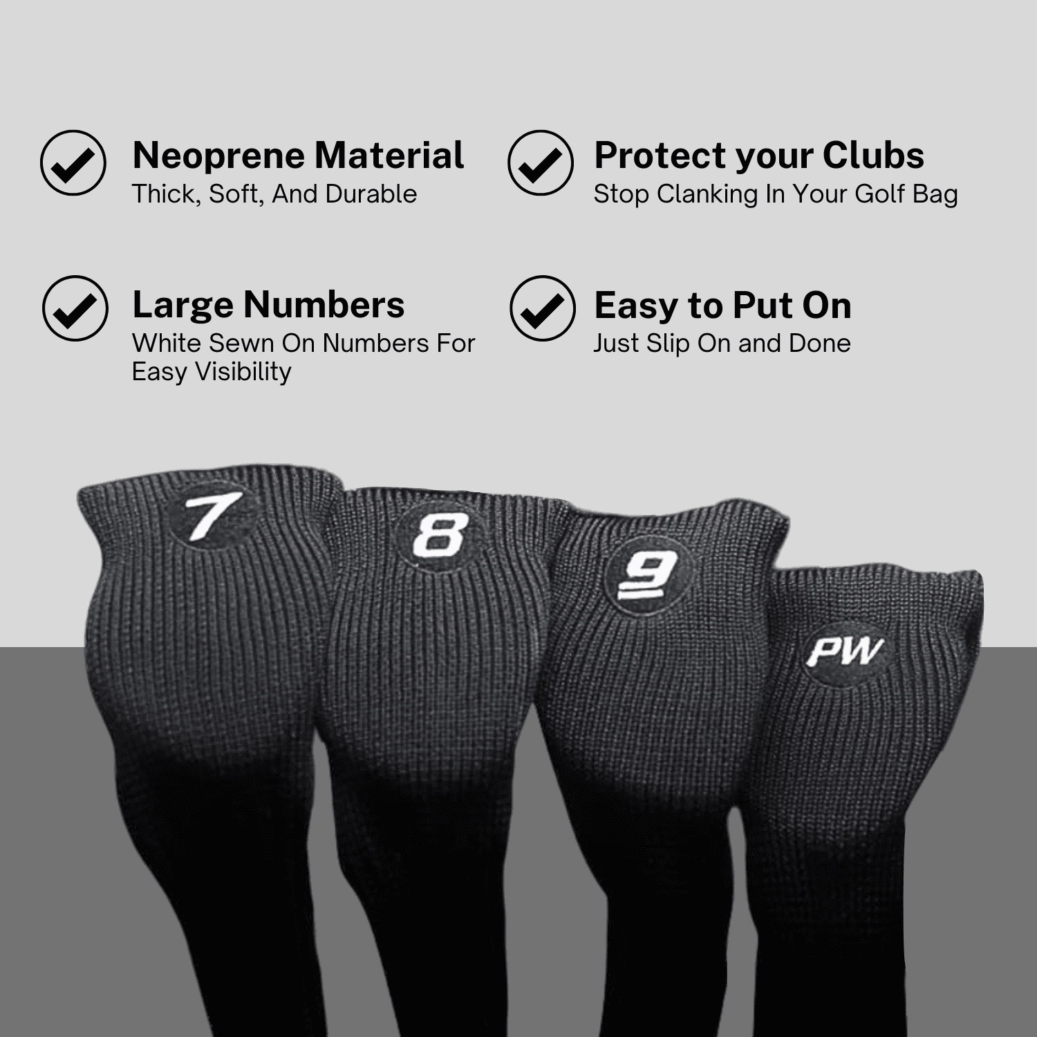 Majek All Hybrid Head Cover Golf Club Black Sleek Tight Fit Headcover Set 7-PW Acrylic Head Covers 7 8 9 PW Easy to See Large White Embroidered Numbers