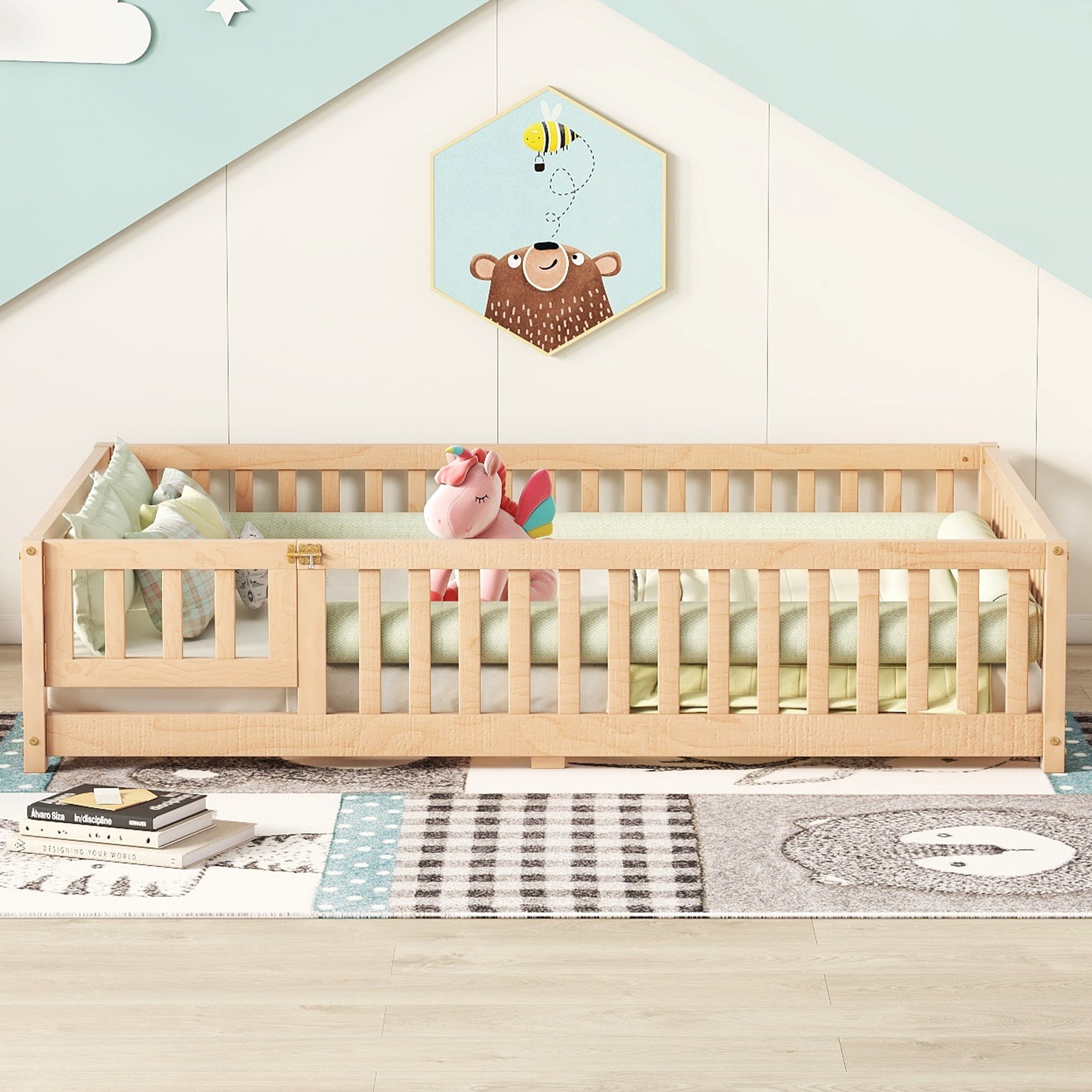 Aukfa Full Size Floor Bed for Kids Children, Wood Montessori Bed Frame with Safety Guardrails and Door, Natural