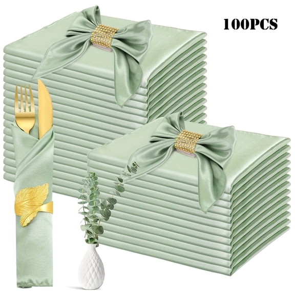 100Pcs Elegant Silky Satin Napkins, 17 x 17 Inch Square Sage Green Cloth Napkins Washable, Polyester Napkins Reusable, Soft Table Napkins for Wedding Dinner Napkins Bulk Table Decoration Party
