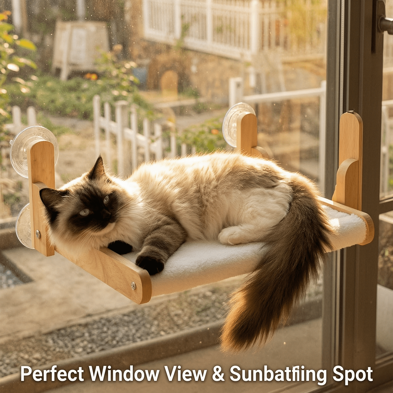 Cat Window Perch with Wooden Frame, Foldable Cat Hammock Bed for Indoor Cats, Soft Plush Cover, Strong Suction Cups, No Drilling, Cat Window Hammock for Small Size Windows