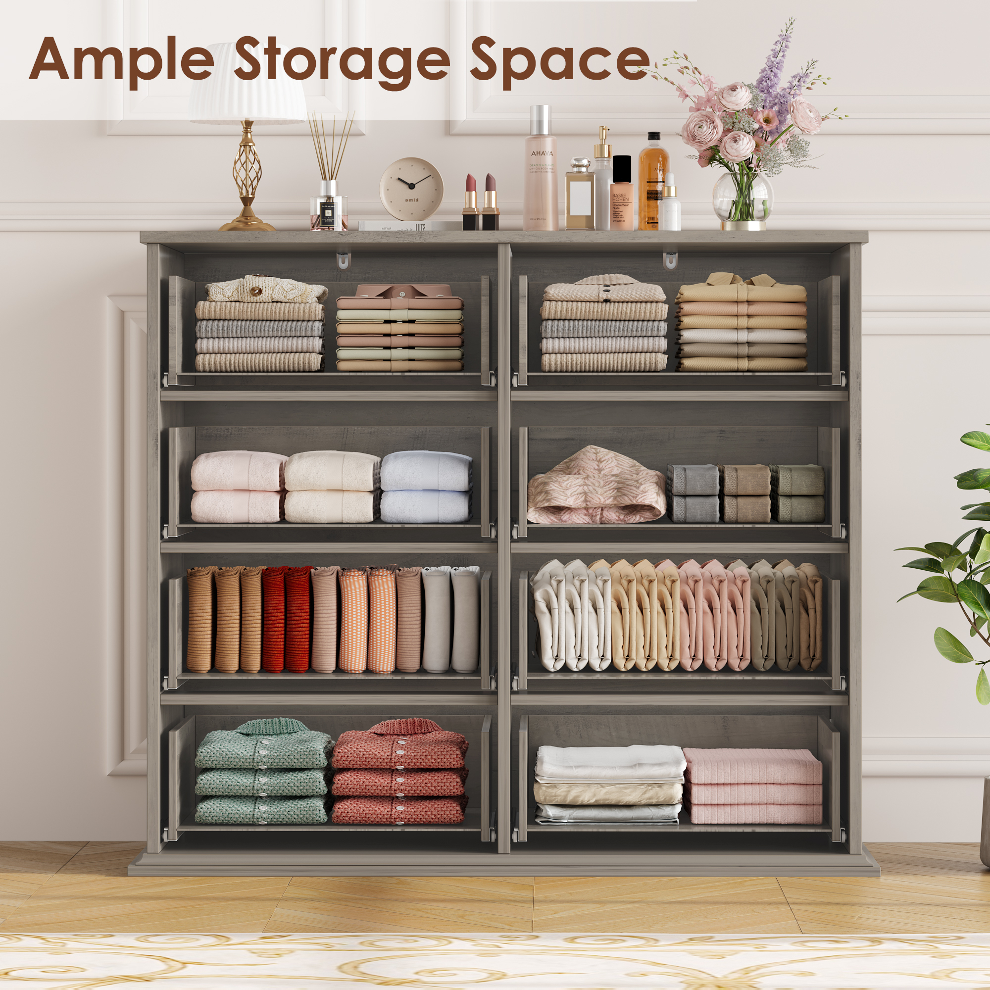 Homfa Horizontal 8 Drawer Dresser, Wood Storage Cabinet Double Dresser for Bedroom Living Room, Gray