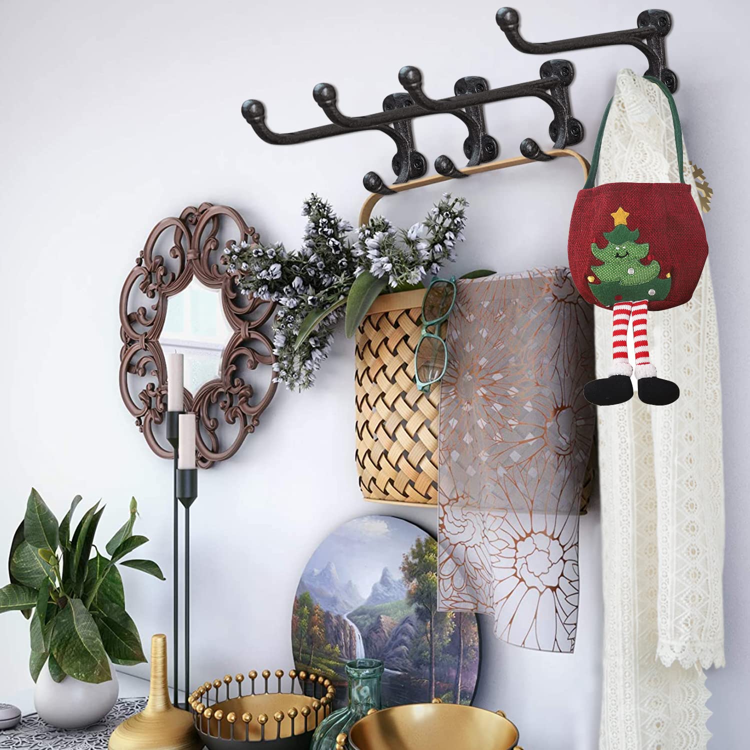 Sungmor 4PC Cast Iron Garage Hooks, 7.6“ Large Home Wall Hanging Clothing Organizer, Wall Mount Utility Garden Tools Storage Hanger for Multi Things, Solid Sturdy Wood Board Shelf Brackets