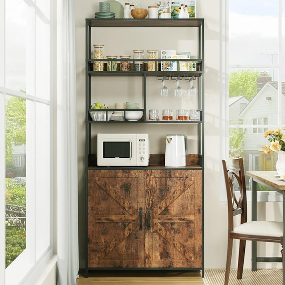 Freestanding Industrial Bar Cabinet, 70.8" Tall Wine Rack with Glass Holder, 5 - Tier Baker's Rack & Large Kitchen Storage