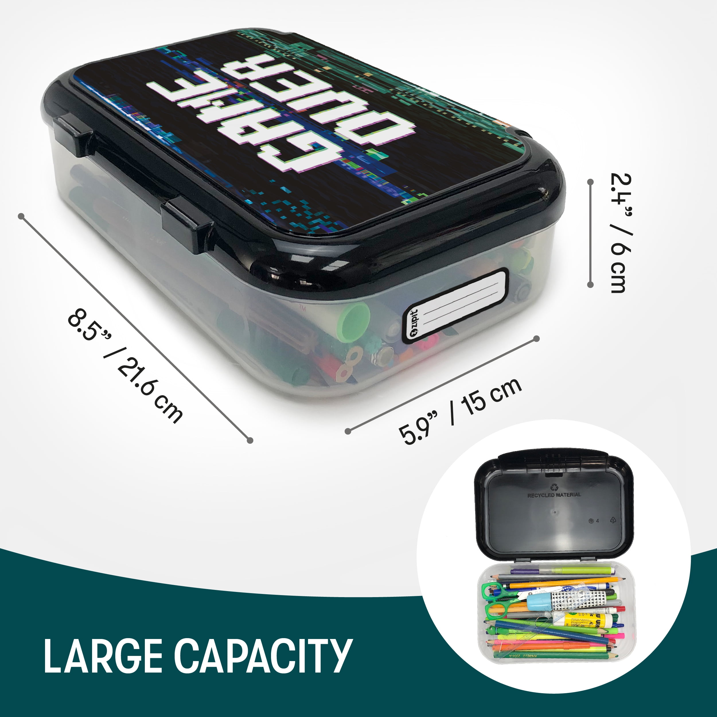 ZIPIT Black Gamer Recycled Plastic Pencil Box for Kids, Elementary School Box