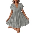 thumbnail image 2 of ClodeEU Women's V Neck Ruffled Short Sleeve Babydoll Dress,Casual Flowy Tiered Mini Dress Gray,Women's Plus L, 2 of 8