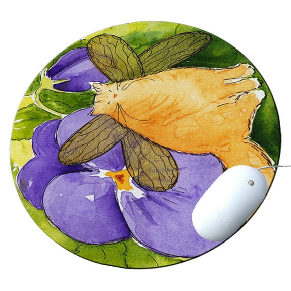 KuzmarK Round Mousepad / Hot Pad / Trivet - Ginger Tabby Maine Coon Kitty Fairy with Purple Pansies Cat Art by Denise Every