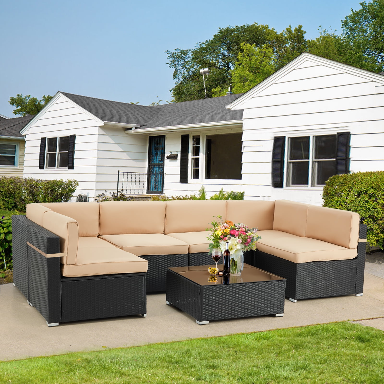 YODOLLA 7-Piece Patio Furniture Set on Sale, Black Rattan Wicker Outdoor Sectional Sofa Couch with Table Patio Conversation Set for Lawn& Backyard In Beige