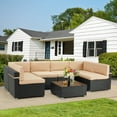 thumbnail image 6 of YODOLLA 7-Piece Patio Furniture Set on Sale, Black Rattan Wicker Outdoor Sectional Sofa Couch with Table Patio Conversation Set for Lawn& Backyard In Beige, 6 of 9