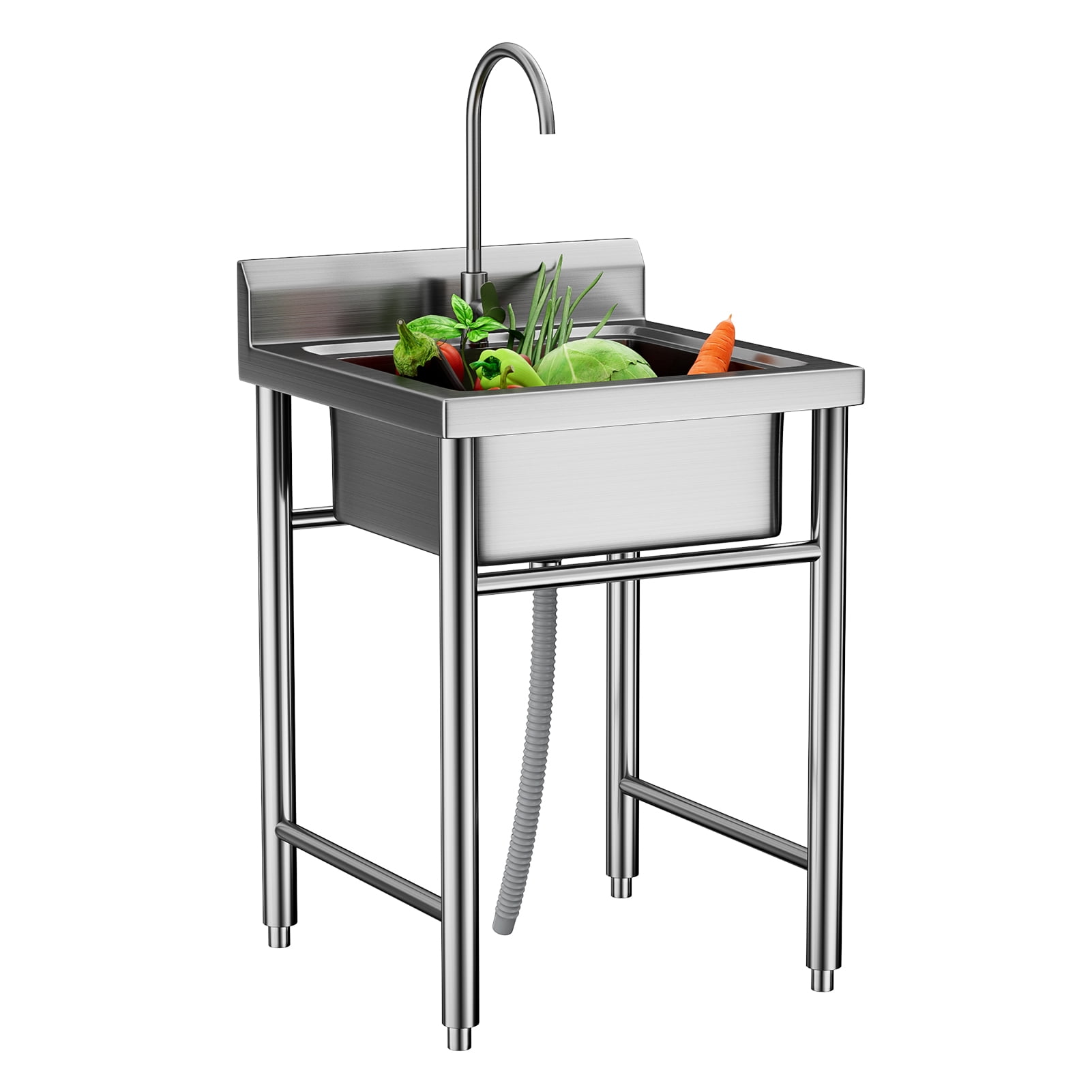 Fogcroll Stainless Steel Utility Sink Laundry Sink Outdoor Sink Freestanding Commercial Kitchen Single Bowl Sink for Restaurant, Laundry Room, Garage (Silver)