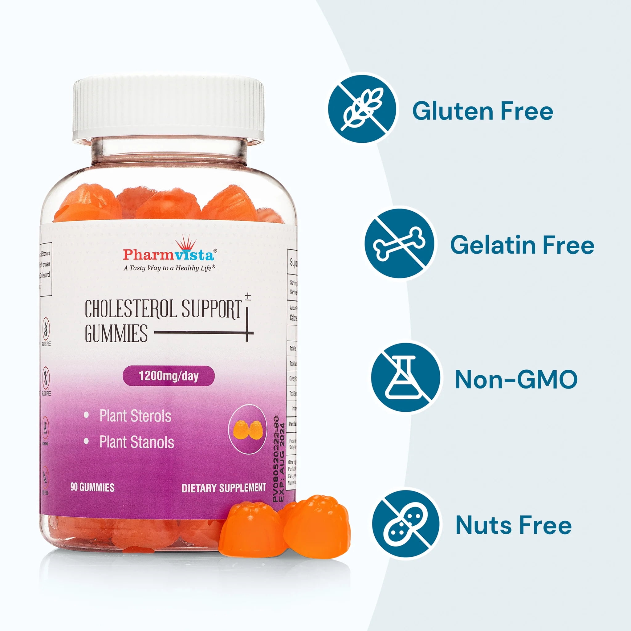 Pharmvista Cholesterol Support Gummies - 1200mg Plant Sterols and Stanols, Vegan, Allergen-Free, 90 Count