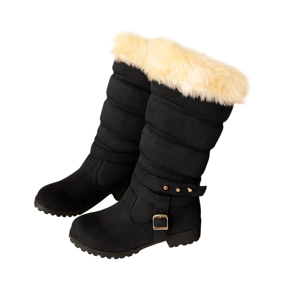hopeusnice Mid Calf Boots For Women Thermal Plush Fleece Lined Suede Round Toe Chunky Mid Heels Winter Snow Boots Winter Warm Dress Long Tall Boots Black 37