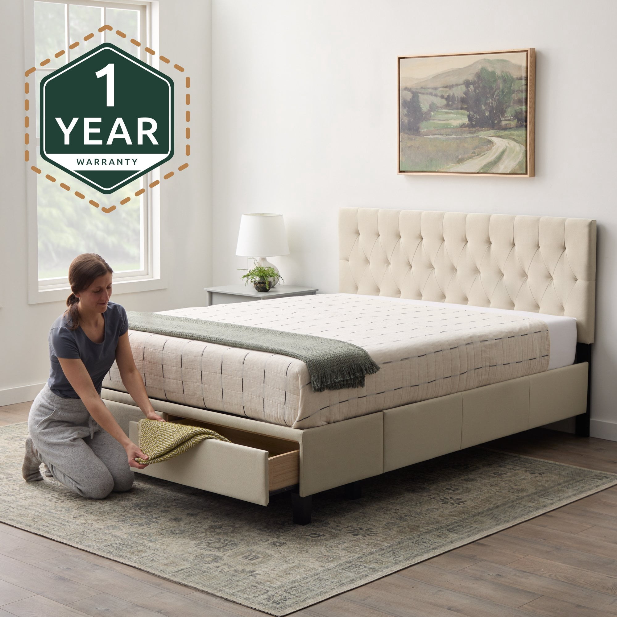 Rest Haven Jasper Upholstered Platform Bed with Drawers, Queen, Cream