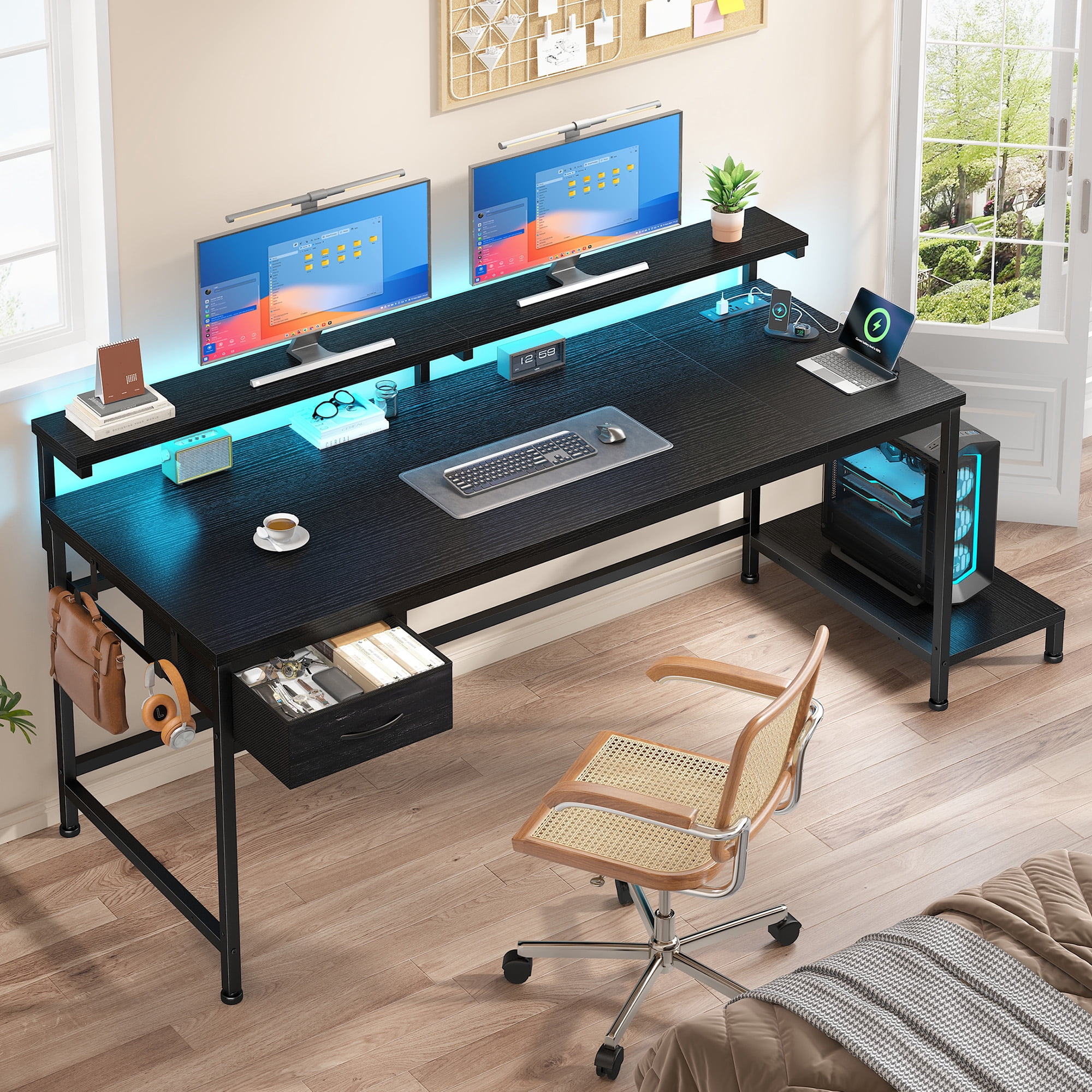 Romorgniz Gaming Desk with Power Outlet, Fabric Drawer & RGB LED Lights, Black Computer Desk with Adjustable Monitor Stand & CPU Holder for Home Office