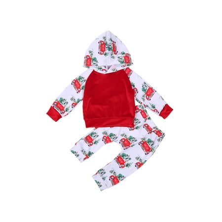 

Binpure Christmas Baby s Suit Long Sleeve Hooded Sweater Mid Waist Long Pants with Car Patterns