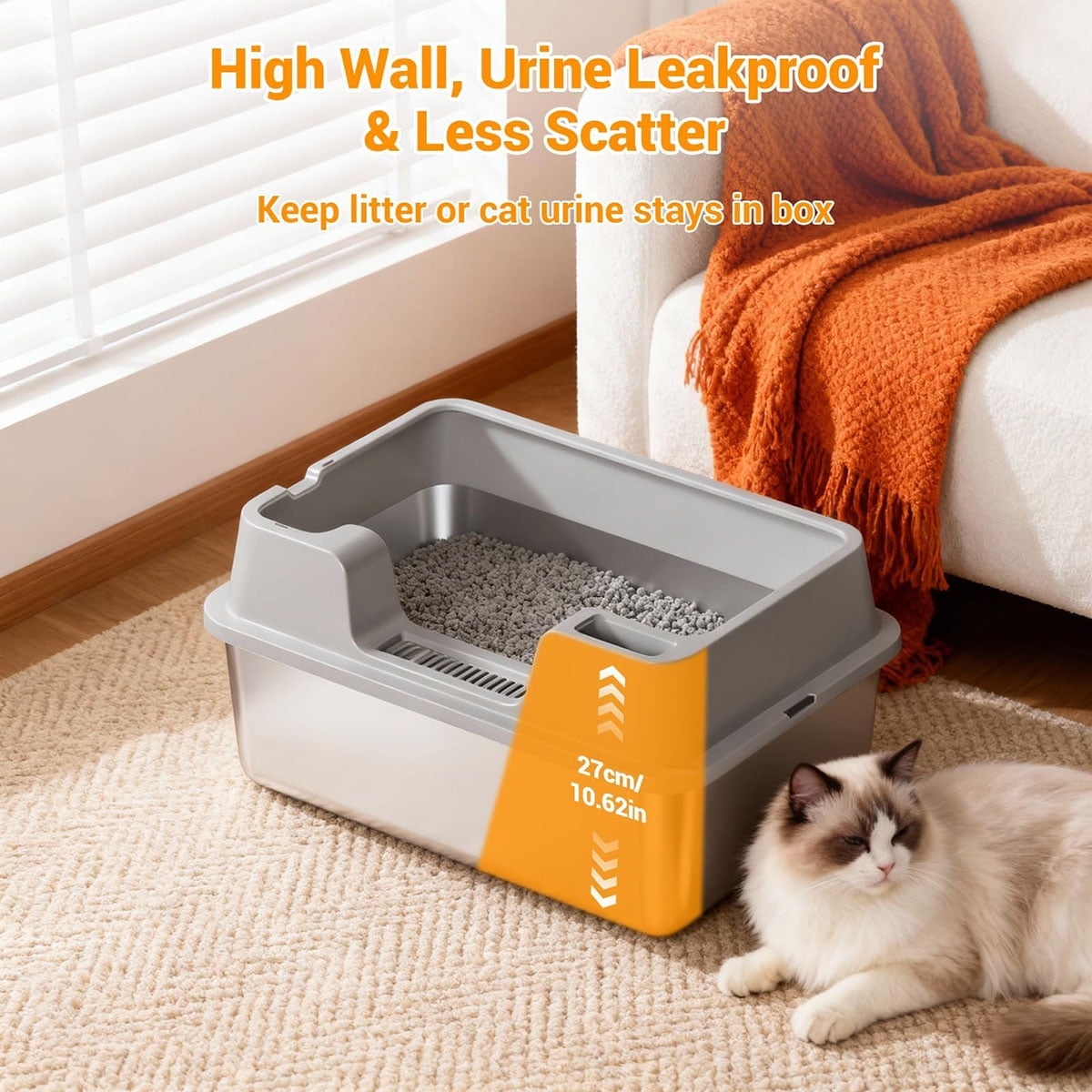 Ataucjin Extra Large Enclosed Stainless Steel Cat Litter Box, Metal Litter Pan for Big Cats, High Wall Sides & Non-Stick Bottom, Anti-Leakage & Odor-Resistant, Easy to Clean for All Cats
