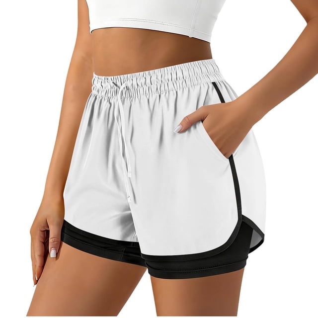 Ixbnca 2 in 1 Womens Athletic Shorts with Pockets Elastic High Waist Drawstring Workout Running Shorts
