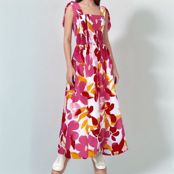 WILLBEST Vestidos de Lino para Mujer Vestido Casual con Estampado Floral para Mujer, sin Mangas, con Tirantes, para Fiesta, Primavera y Verano, Atuendo Diario, Básico, Cómodo y Ligero. Grande