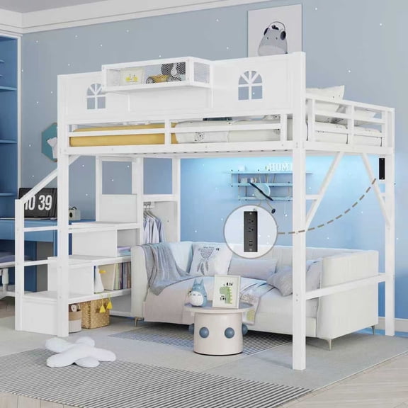 Mirightone Full Size Metal Loft Bed with Storage Wardrobe & Staircase, High Loft Bed with Light & Charging Station for Teens Adults, Tall Loft Bed Frame with Full-Length Guardrail (White)