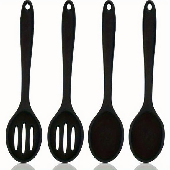 Silicone Cooking Spoon Black Colander Heat-resistant Large Silicone Batter Slotted Spoon, Spoon Non-stick Cooking Utensils, Kitchen Silicone Mixing Spoon Set, Serving, Kitchen Gadgets