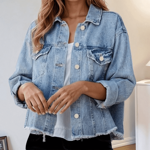 Women's Washed Denim Jacket With Edges Long Sleeve Button down Ladies Jackets Falls Creek Jacket Women Womens Jackets Fall Petite Jackets Trucker Jacket Boyfriend Jean Jacket Women Lightweight Denim